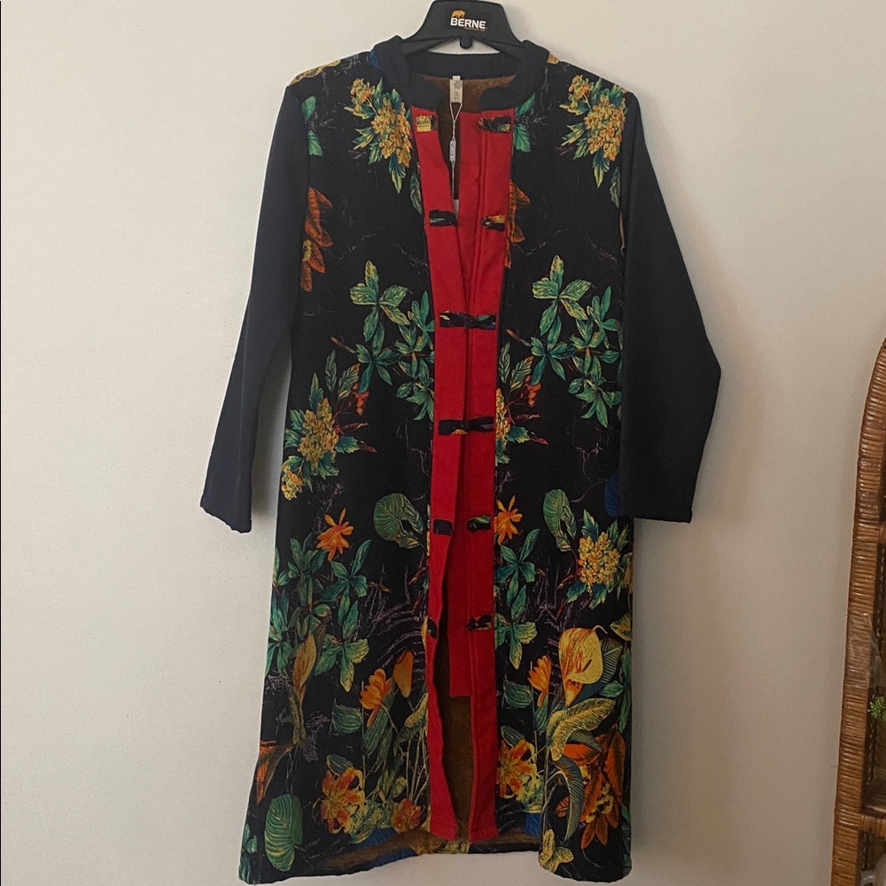 New Oriental long Traditional Jacket floral frog closures plush lined small